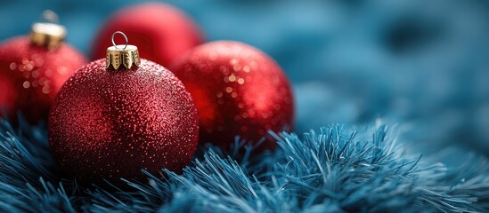 Red Christmas baubles resting on soft blue fur backdrop creating a festive and cozy atmosphere for holiday decorations and celebrations.