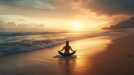 A woman practicing yoga on a beach at sunrise, with the ocean behind her and waves softly hitting the shore