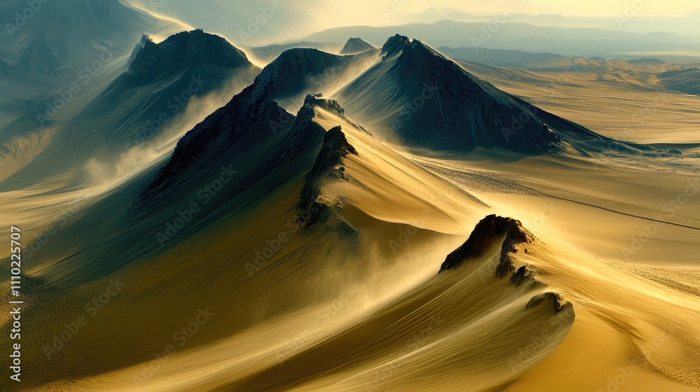Poster aerial view of dramatic sand dunes and mountain formations in a mining area showcasing the unique te