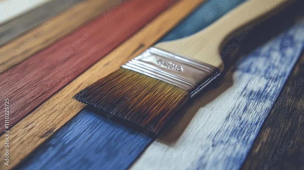 Poster paint brush resting on a color guide showcasing a variety of wood and paint textures for home renova