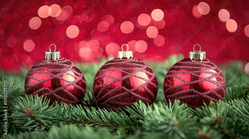 Poster red christmas ornaments on green pine branches with a shimmering red bokeh background creating a fes