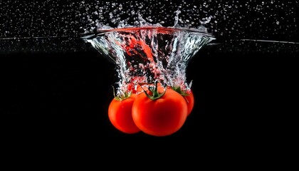 Three ripe tomatoes splash into water, creating dynamic droplets against a dark background, highlighting freshness and vibrant color.