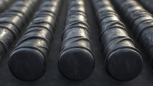 Textured steel bars arranged in parallel emphasizing strength and durability suitable for industrial or construction themes.