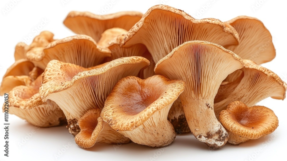 Poster brown beech mushroom cluster isolated on a white background showcasing its unique texture and color 
