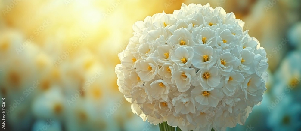 Poster close-up of a charming bouquet of white narcissus flowers with a soft golden background creating an 