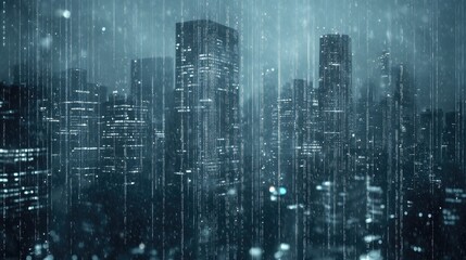 Obraz premium Urban night skyline with digital connections overlaid and rain, showcasing a smart city concept and a bustling metropolis atmosphere.
