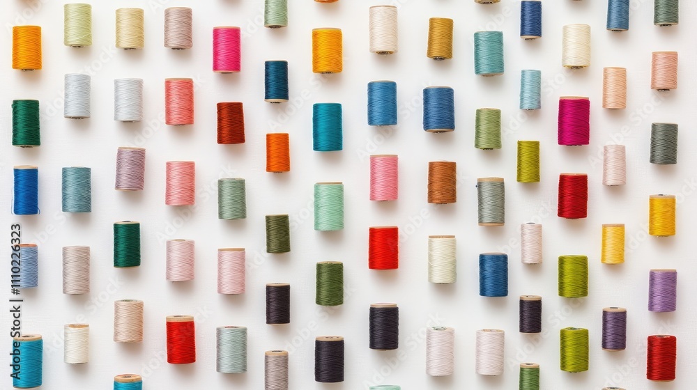 Poster vibrant assortment of colored sewing thread spools arranged neatly on a white background for creativ