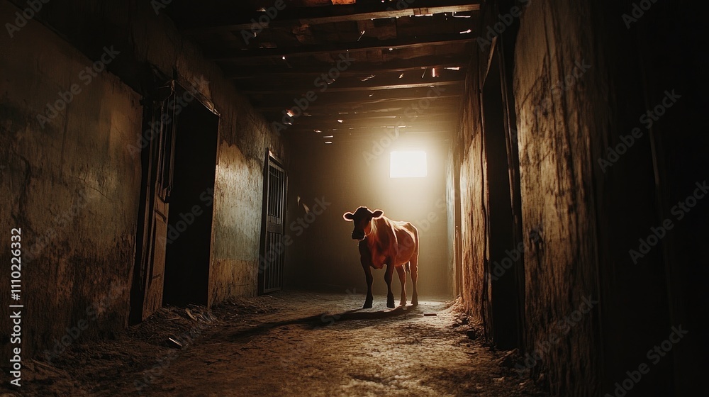 Poster Cow standing in a rustic stable illuminated by soft light creating a serene farm atmosphere