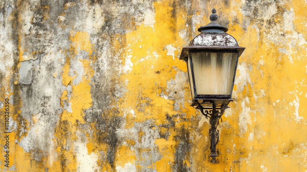 Aufkleber Vintage lantern attached to a weathered yellow wall with peeling paint, creating a rustic and nostalgic ambiance.