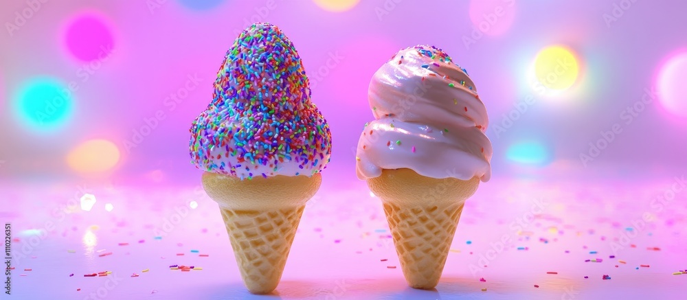Poster colorful ice cream cones with sprinkles on a vibrant background creating a playful and festive atmos