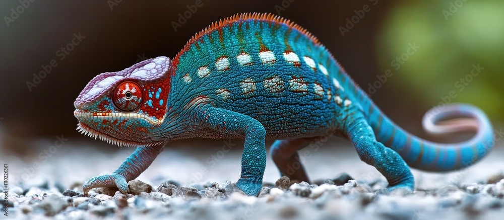Poster colorful chameleon walking on a gravel road showcasing vibrant patterns and textures in a natural en