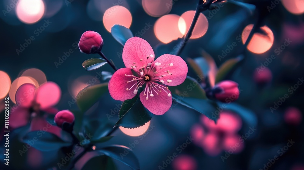 Poster delicate pink flower with soft glowing bokeh background creating a dreamy and vibrant floral atmosph