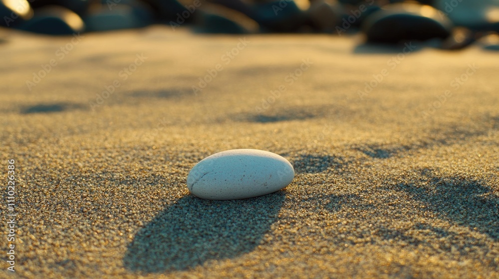 Poster Smooth white pebble resting serenely on golden sand with soft shadows creating a tranquil beach scene at sunset.