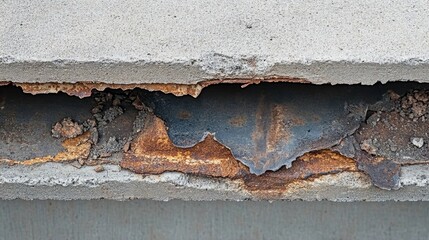 Rusty steel exposure in a deteriorated reinforced concrete beam showcasing structural damage and corrosion effects on construction materials.