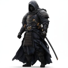 Ninja Samurai In Black Clothes On White Background.  Illustration On The Theme Of History, Warrior And Weapons, Fantasy And Cinema. Generative AI	
