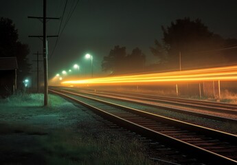 Naklejka premium Long Exposure of Train Lights on Railway Track During Misty Night with Streetlights Illuminating the Scene in a Hauntingly Beautiful Atmosphere