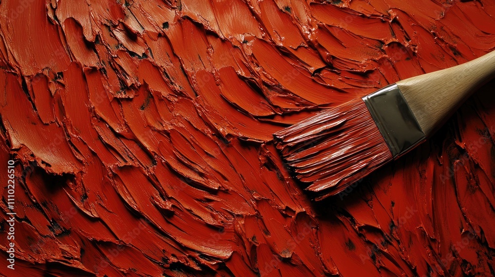 Aufkleber textured red paint surface with a paint brush creating strokes and patterns in a vibrant artistic co
