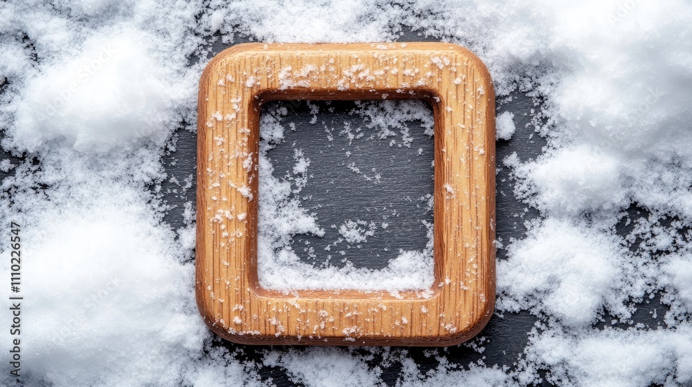 Aufkleber wooden frame on a snowy black surface with a blank center for customizable content or artistic displ