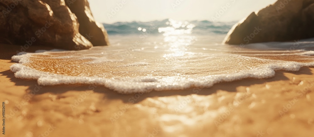 Poster Serene sandy beach with gentle waves lapping at the shore during sunset creating a tranquil summer atmosphere