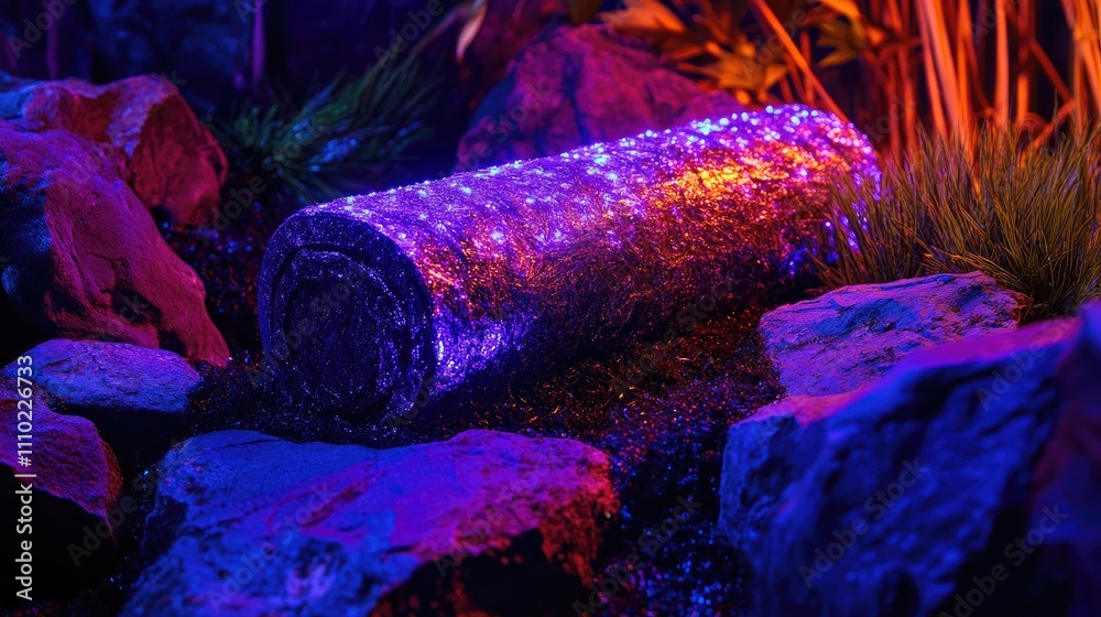 Poster purple textured cylindrical object surrounded by rocks and foliage illuminated by colorful lights in