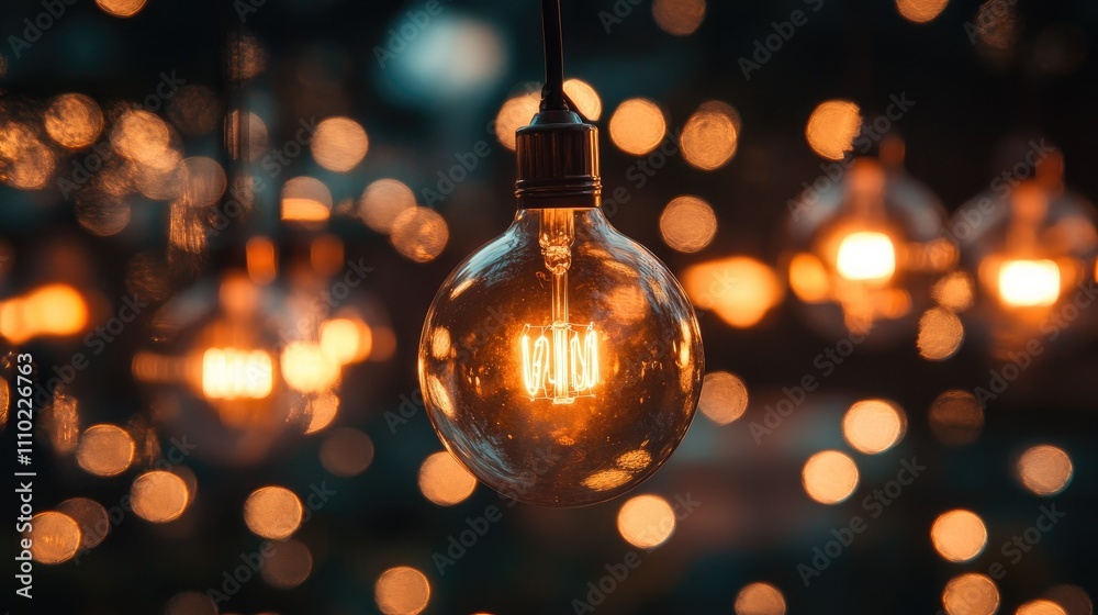 Poster Vintage light bulb with warm glowing filament and bokeh effect from multiple lights in the background creating a cozy atmosphere