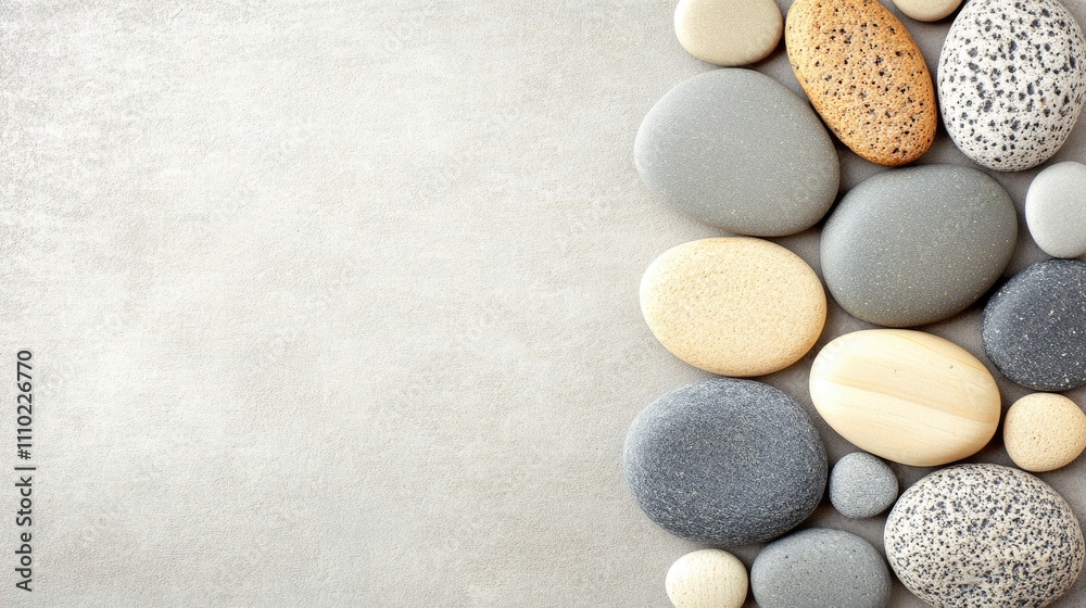 Aufkleber variety of smooth decorative stones arranged on a light colored background creating a calming and natural aesthetic for design projects
