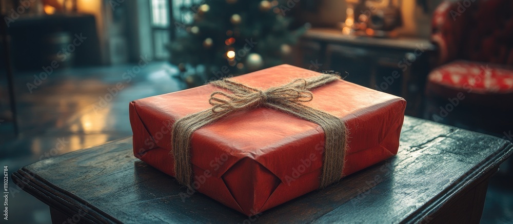 Poster gift package wrapped in red paper sits on a wooden table with a cozy festive background featuring a 