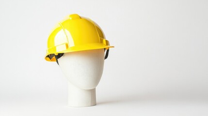 Yellow safety helmet displayed on a mannequin head against a clean white background emphasizing workplace safety and construction gear.
