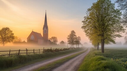 Fototapeta premium Misty spring morning in a tranquil village featuring a church surrounded by vibrant greenery and a serene pathway through the fog.
