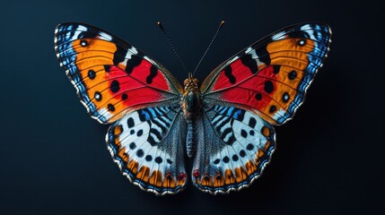 Naklejka premium vivid tropical butterfly with striking colors isolated on a dark background showcasing intricate patterns and details