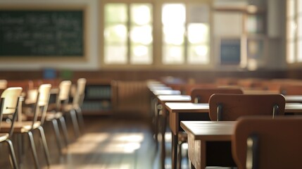 A school classroom with no pupils in it and a blurry backdrop