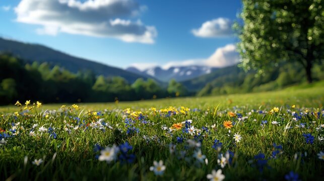 A field of flowers with a blue sky in the background
