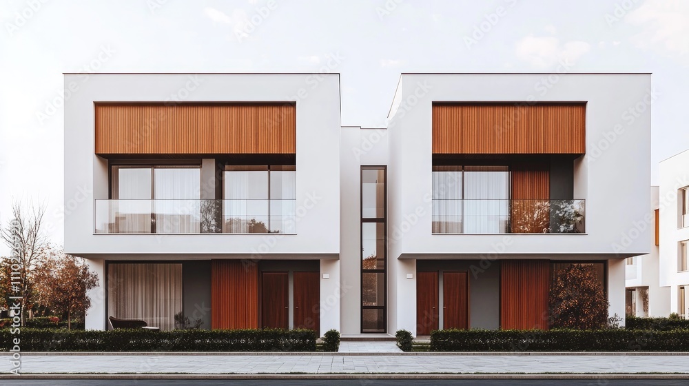 Poster minimalist architectural design featuring a modern residential building with wooden accents and larg