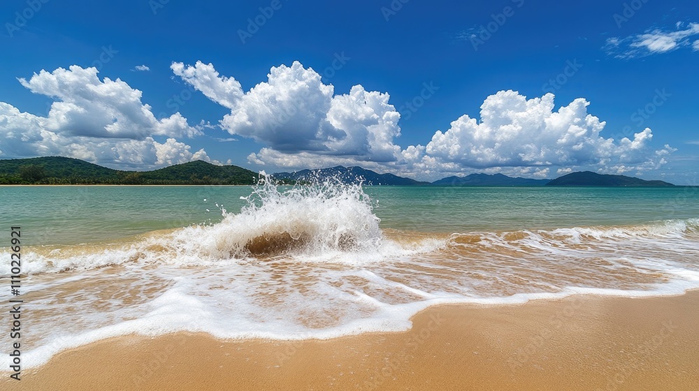 Poster serene beach scene with splashing sea water against a backdrop of vibrant clouds and tranquil turquo