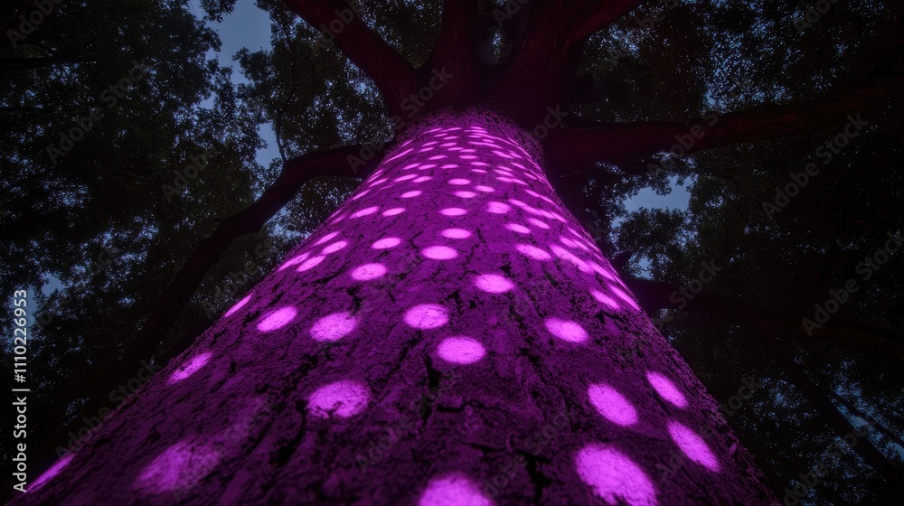 Poster Purple bokeh lights on tree trunk creating a dreamy atmosphere with vibrant hues in a forest setting at night