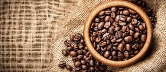 Coffee beans in a wooden bowl on burlap background showcasing the rich textures and colors of roasted coffee for restaurant marketing