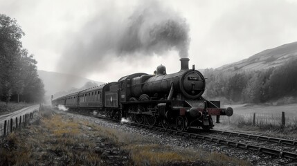 Obraz premium A steam train is traveling down the tracks