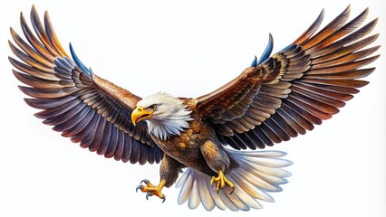 Captivating Candid Photography of a Bald Eagle in Flight, Hand-Drawn and Painted in Vivid Colors on a White Background, Showcasing the Majestic Beauty of Nature