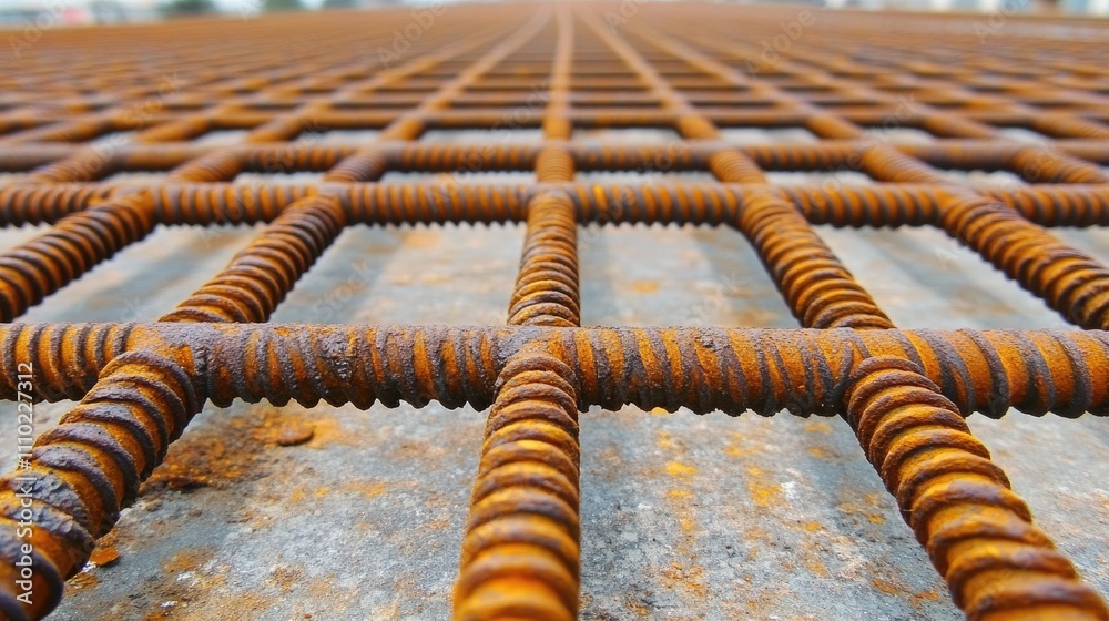 Poster rusty steel grid on cement surface creating a textured abstract background with warm tones and indus