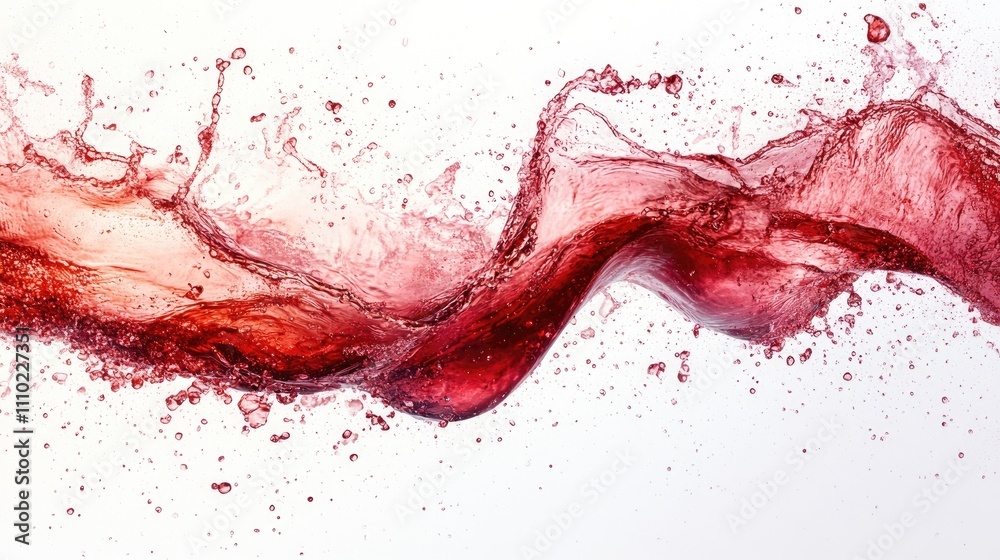 Poster Dynamic splash of red wine creating elegant waves against a pristine white background showcasing fluid motion and vibrant color.