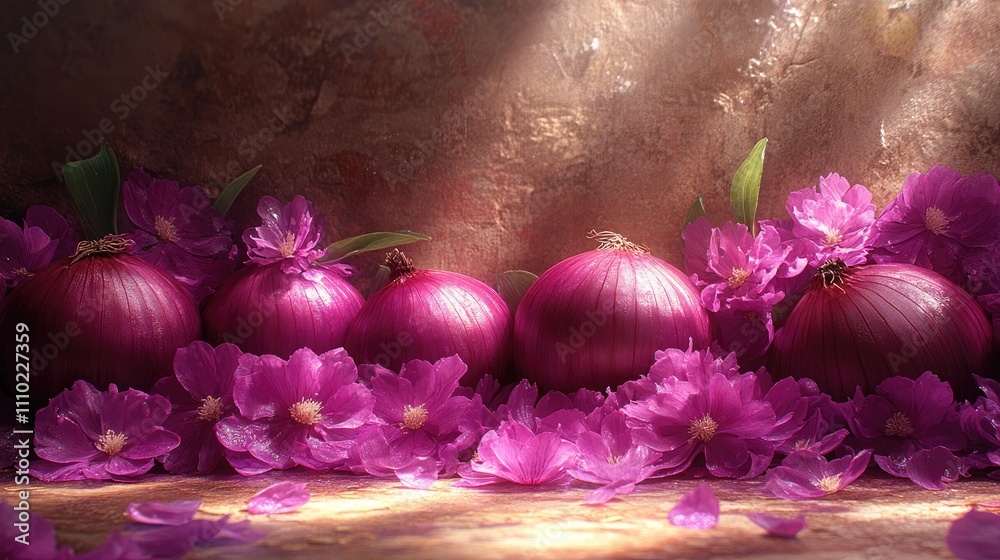 Poster fresh purple onions arranged with vibrant flowers in soft natural light creating a beautiful texture
