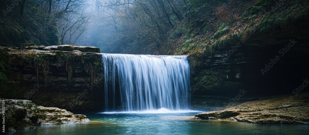 Aufkleber serene waterfall cascading into tranquil pool surrounded by lush greenery in foggy forest landscape