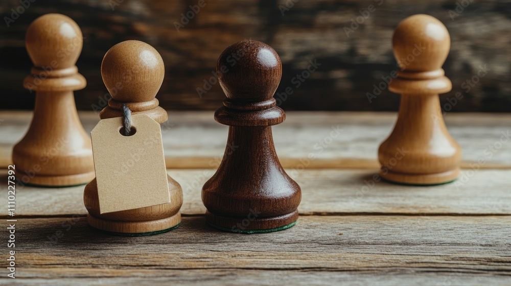 Poster Chess pieces with a tag arranged on a rustic wooden background showcasing strategy and planning concepts in a vintage setting.