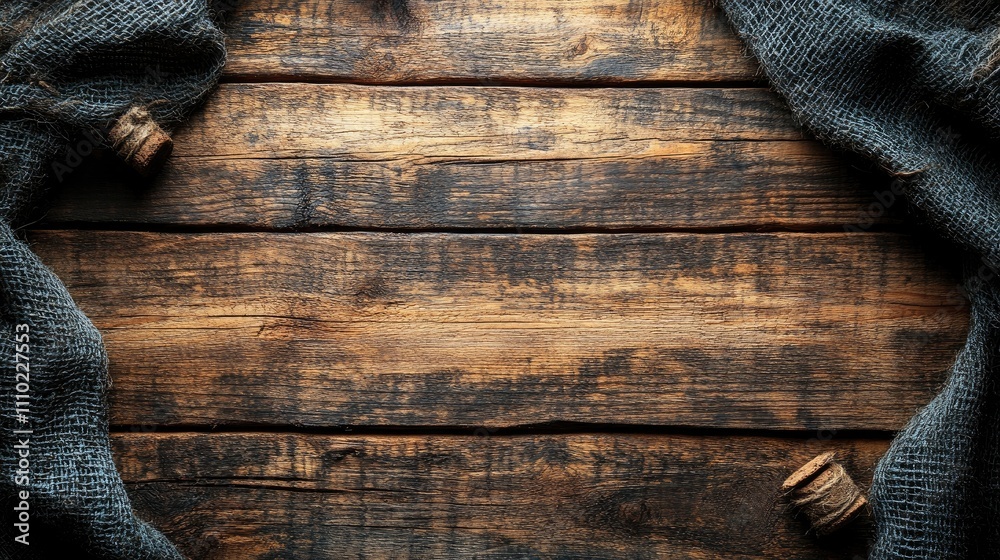 Poster Rustic wooden table background with space for text surrounded by fabric and corks creating a warm, natural atmosphere.