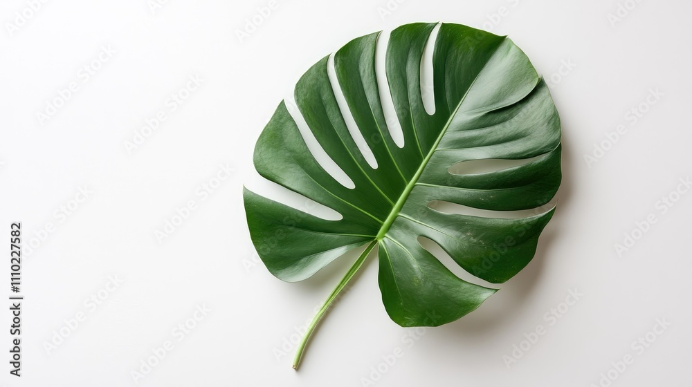 Poster monstera leaf isolated on white background showcasing vibrant green color and intricate leaf structu