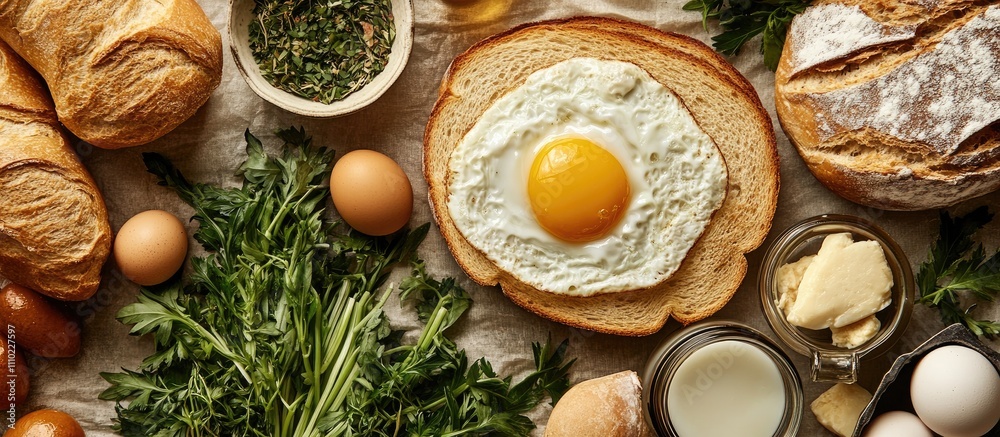 Poster delicious round sandwiches featuring fried eggs and tuna surrounded by fresh herbs and breakfast ing