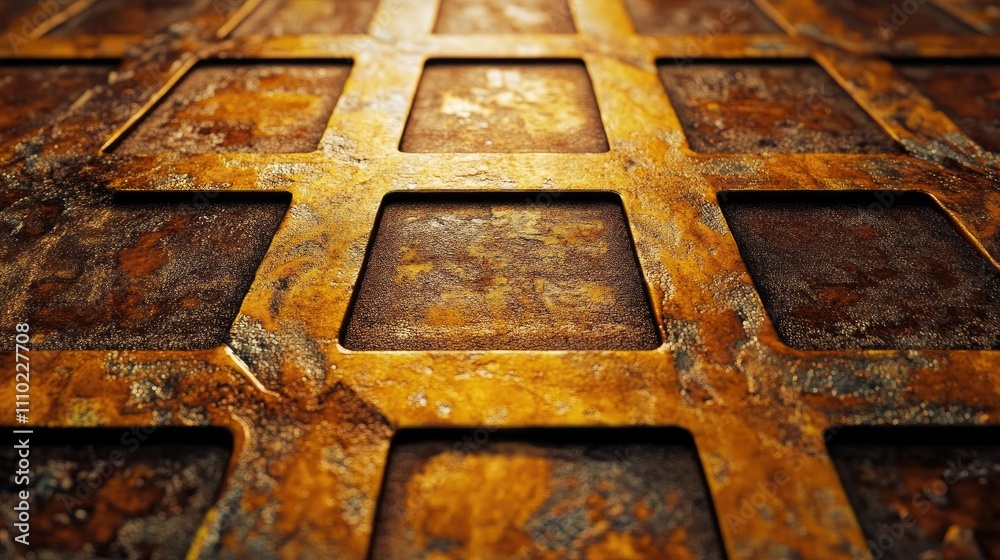 Poster Rusty metal grating pattern with textured squares showcasing aged and weathered industrial flooring details in a close-up view