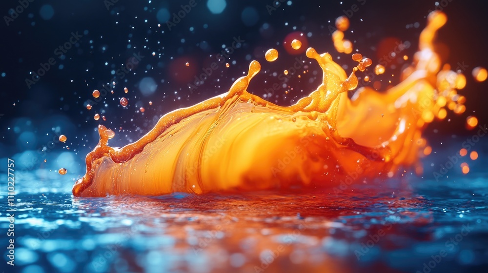Poster Vibrant orange ink splash creating abstract patterns in water with sparkling splashes and colorful bokeh background effects