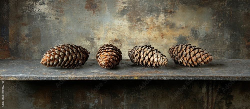 Poster freshly fallen pine cones arranged neatly on a rustic wooden shelf showcasing their natural textures