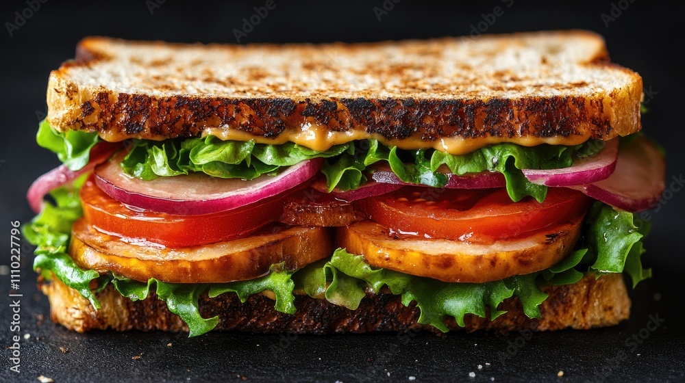 Poster delicious layered sandwich with fresh vegetables and toasted multigrain bread on a dark background f